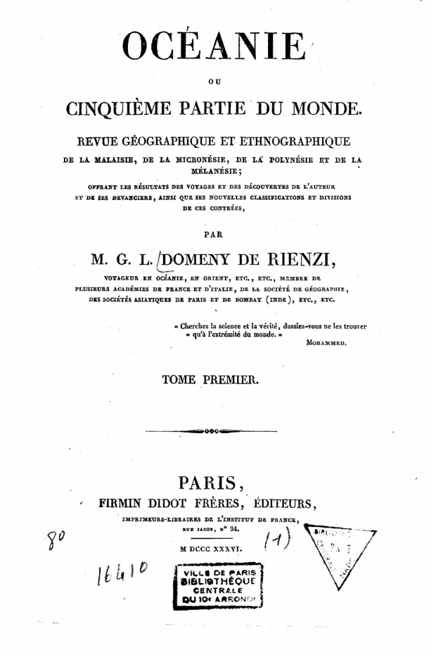 Oceanie ou Cinquième Partie du Monde, tome 1, par Domeny de Rienzi, M.G.L. / Cover Page / Couverture / DOMENY DE RIENZY /  Malaysia/ Malaisie,  Micronesia, Federated States of/ Micronésie, États fédérés de,  French Polynesia/ Polynésie Française