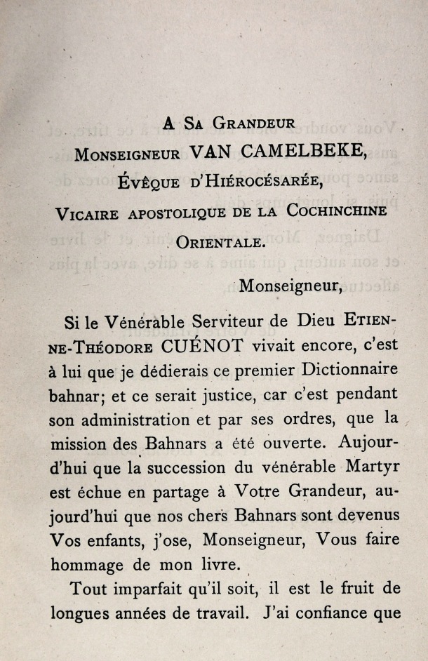 Dictionnaire Bahnar-Français, P.X. Dourisboure / à sa grandeur Monseigneur Van  Camelbeke / Dourisboure, P.X. /  Viet Nam/ Viet Nam
