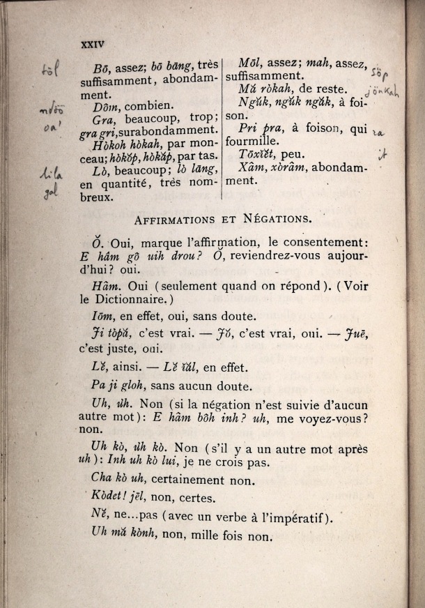 Dictionnaire Bahnar-Français, P.X. Dourisboure / notions de grammaire. partie I: 5.5.affirmations et négations / Dourisboure, P.X. /  Viet Nam/ Viet Nam