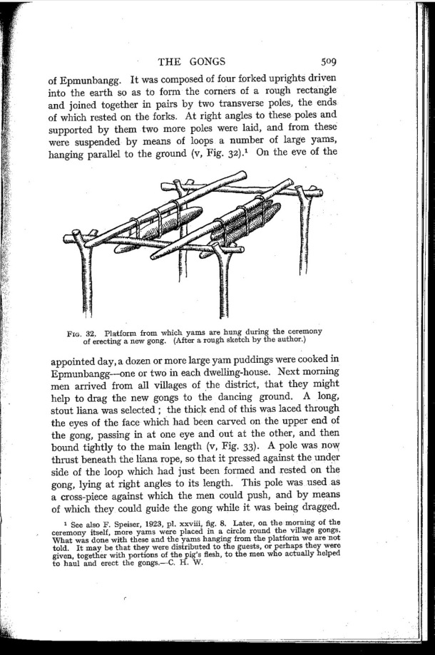 Deacon A.B., 1934. Malekula: A Vanishing People in the New Hebrides / Platform from which yams are hung during the ceremonu of erecting a new gong / Bernard A. Deacon / Vanuatu, Nouvelles-Hébrides, Malekula, South-West Bay